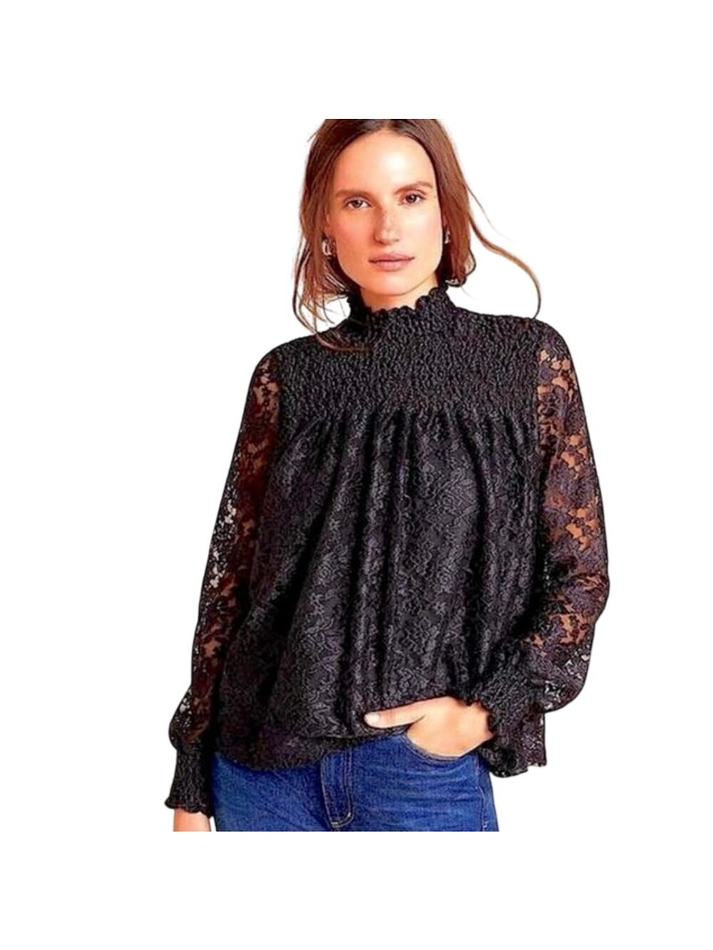 NWT Cable & Gauge Floral Lace Long Sleeve Stretch Top Size Large Black